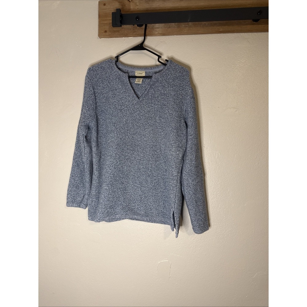 Vintage LL Bean Women's Blue Marled Knit V Neck Pullover Sweater Large Cotton